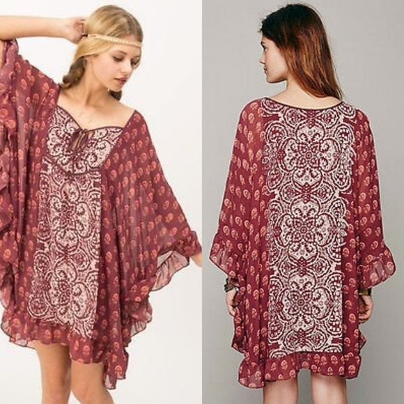 FREE People Marla Dreams Red Paisley Boho Flutter Sleeve Mini Kaftan Dress XS - Picture 1 of 12